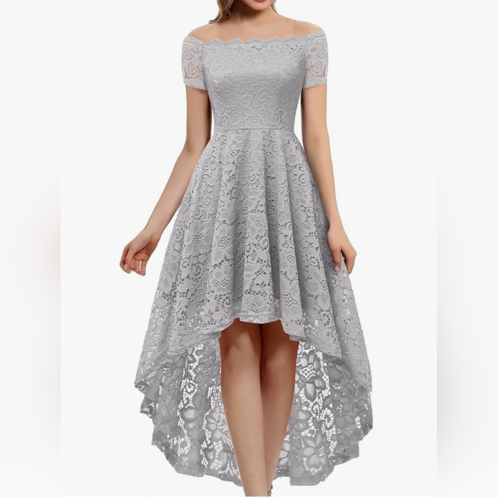 Off shoulder Hi-low Dress-Gry-Large